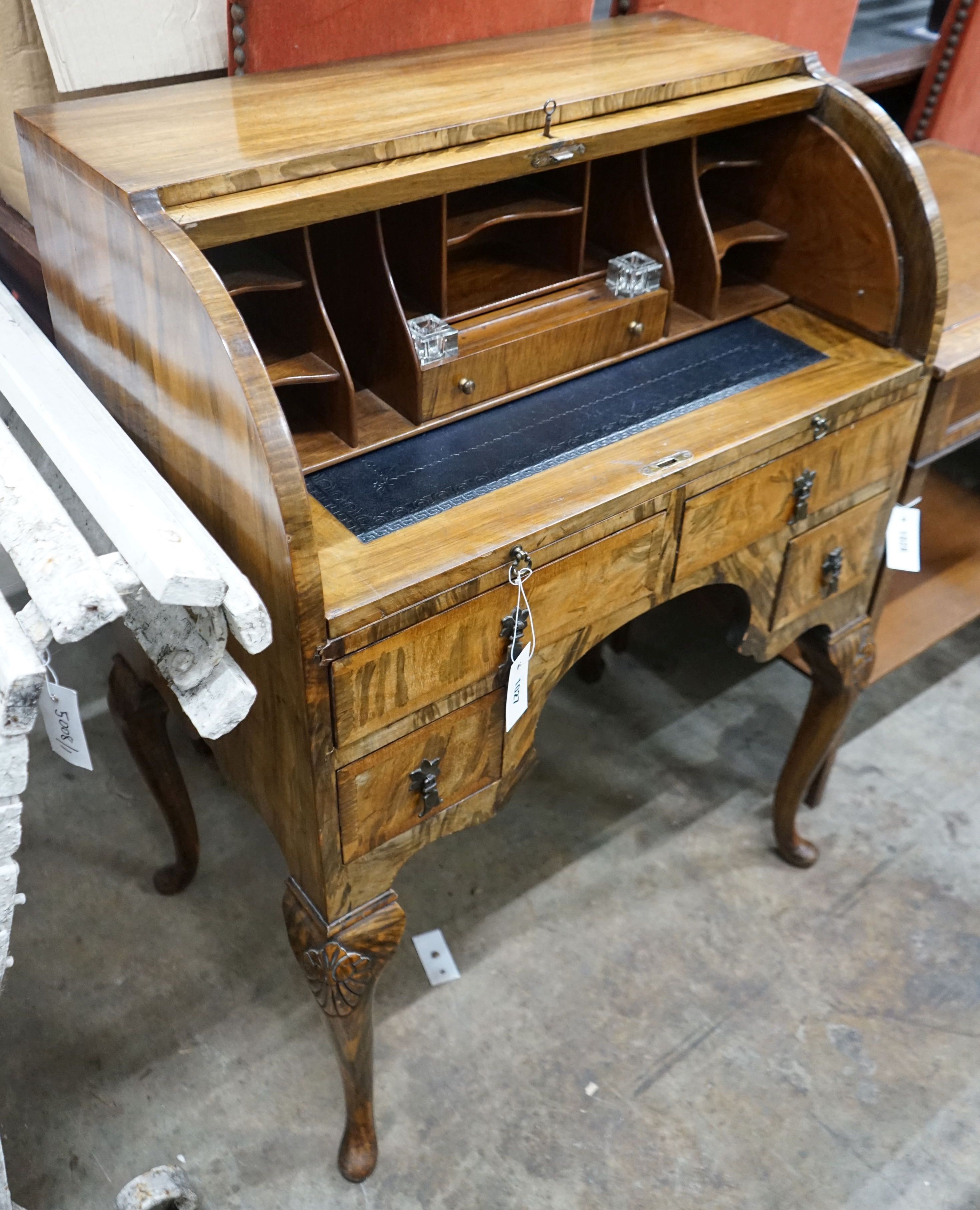 A George III style walnut and simulated walnut cylinder bureau, width 72cm, depth 42cm, height 98cm